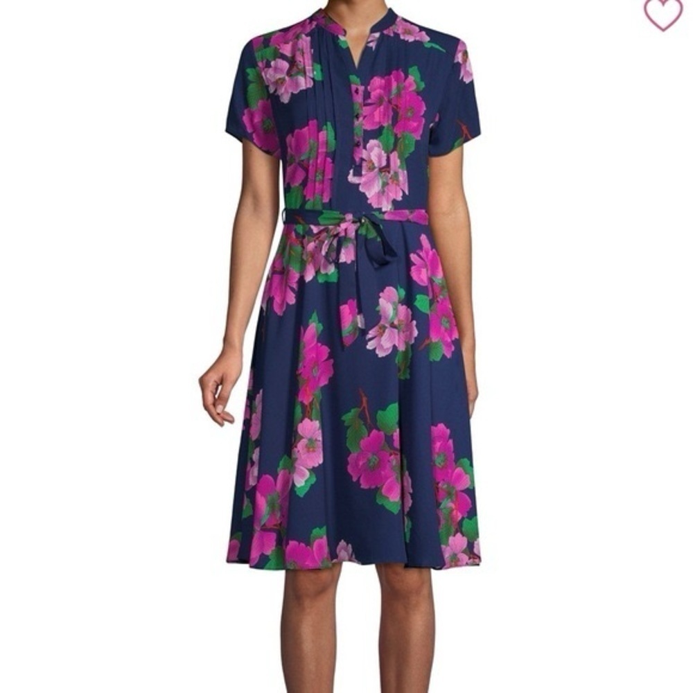 NWOT Nanette Nanette Lepore Navy Blue Button Down Belted Floral Dress - Picture 2 of 8